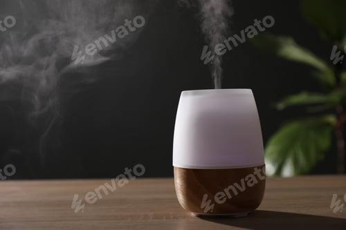Preview: Modern aroma lamp on wooden table indoors. Space for text