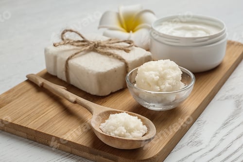 Preview: Board with Shea butter and cosmetic products on table