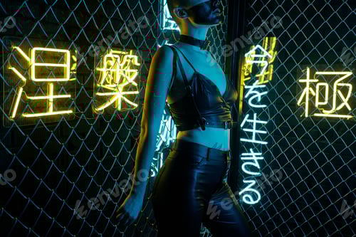 Preview: Body of young cyberpunk woman in black leather costume