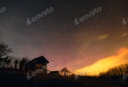 Preview: Night Sky Over Rural Landscape with Old Barn