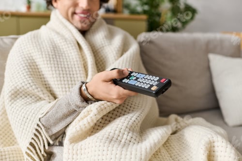 Preview: Enjoying a cozy evening at home, a young man relaxes with a blanket and remote