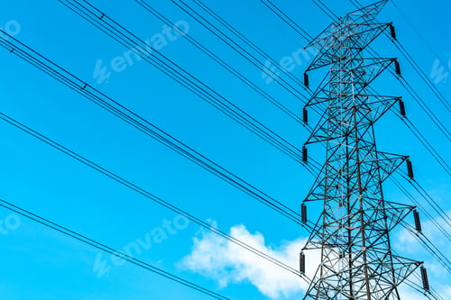 Preview: High voltage electric tower and transmission lines. Electricity pylons with blue sky and white cloud