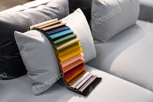 Preview: Catalog of multi-colored fabric samples. Textile industry background. Colored cotton fabric. Palet