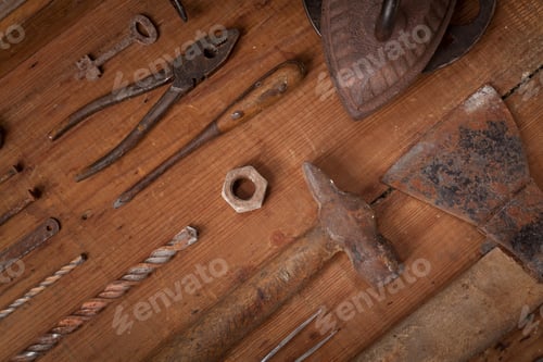 Preview: Collection of vintage tools on wooden background