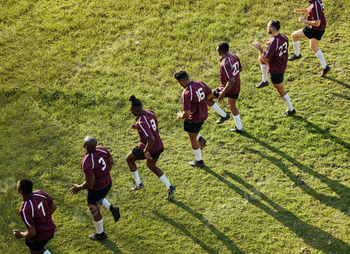 Preview: Sports, team and men in field for training, workout and exercise on grass for rugby competition. Fi