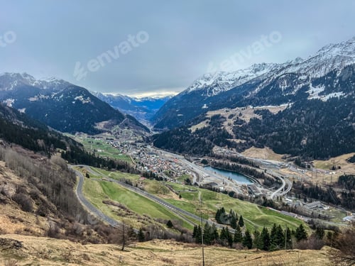 Preview: Aerial view of Airolo village in the Swiss Alps, from the Gotthard Pass, Switzerland