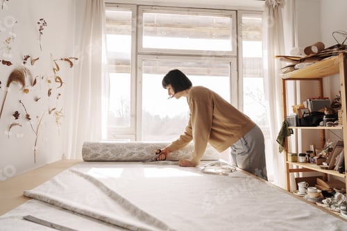 Preview: Female artisan cutting fabric in bright sewing workshop