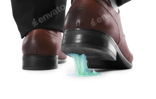 Preview: Man stepping into chewing gum on white background, closeup
