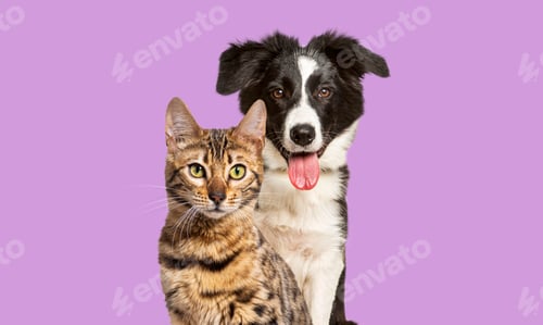 Preview: Brown bengal cat and a border collie dog panting happy expression on violet, looking at camera