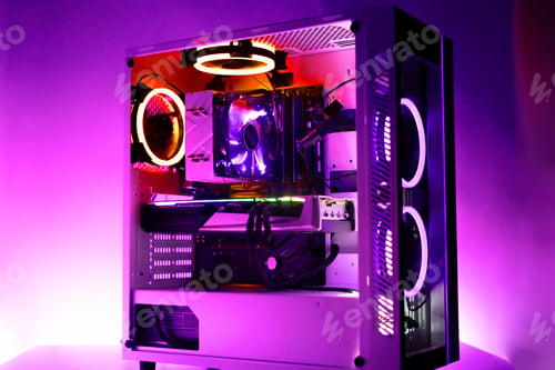 Preview: the new modern powerful gaming computer with beautiful rgb lights of different color and a glass cas