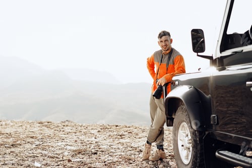 Preview: Young man traveler taking photos of mountains with professional camera