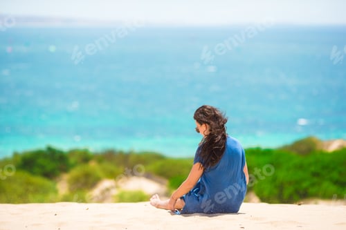 Preview: Young happy woman enjoy summer vacation on white sandy beach