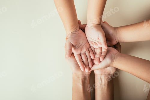 Preview: Family Day celebration, Top view of parents and kid holding empty hands isolated. Embodying