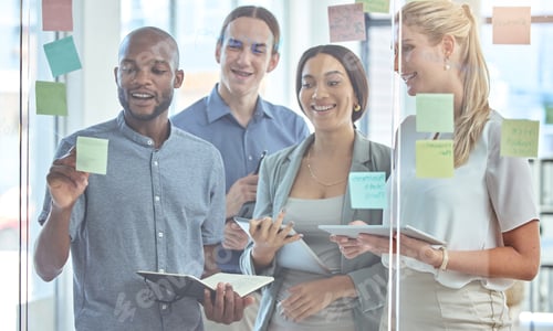 Preview: Post it, writing or teamwork vision for target audience strategy in business meeting, training or i