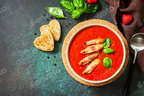 Preview: Tomato soup puree gazpacho with tomatoes served seafood
