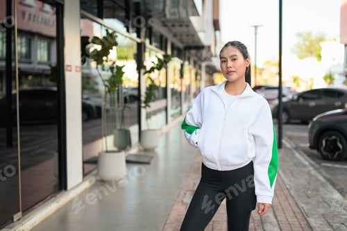 Preview: Young Asian Woman in Sporty Casual Outfit Outdoors