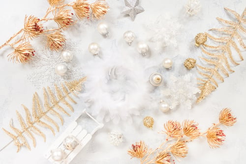 Preview: Christmas background with ornaments, balls and, top view