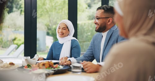 Preview: Islamic, family and dinner in home for eid, muslim celebration and serving food on dining table. Ra