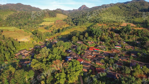 Preview: Aerial view from drone of the rural village in the mountains