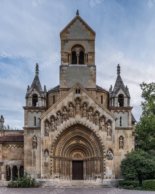 Preview: Front view of the Romanesque Jak Chapel in Vajdahunyad Castle, Budapest, Hungary