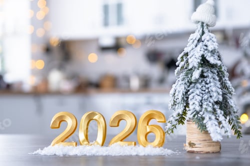 Visualização: Número dourado 2026 na mesa no fundo da aconchegante cozinha branca com árvore de Natal