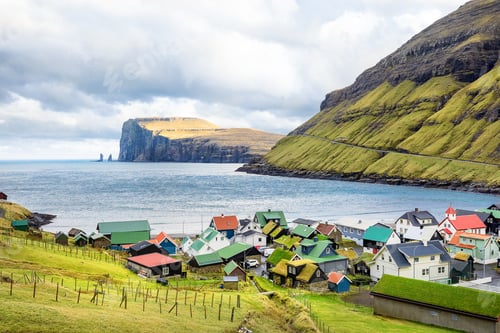 Preview: Tjornuvik village, stacks Risin and Kellingin before storm, Eysturoy, Faroe Islands, Denmark