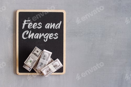 Preview: Top view image of money and chalkboard with text FEES AND CHARGES.