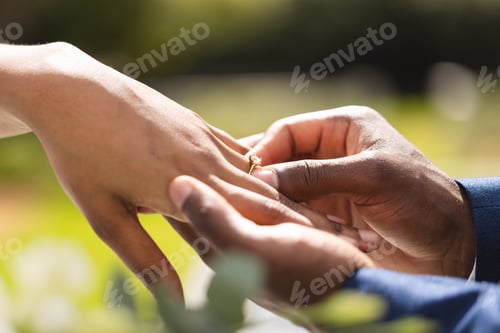 Preview: Hands of african american bride and groom placing ring on finger at wedding ceremony in sunny garden