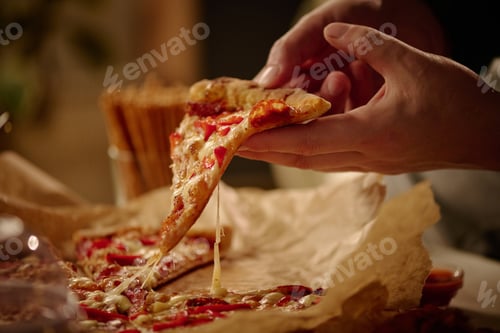 Preview: Holding Slice of Cheese Pizza With Melting Cheese