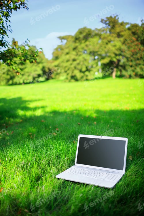Laptop on the green grass in rural setting