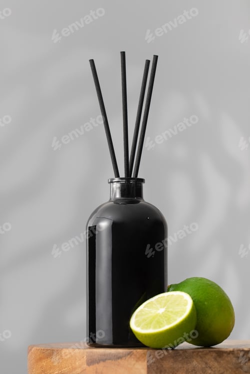 Preview: Bamboo sticks in a black bottle with lime-scented room perfume. Diffuser with fragrance for home