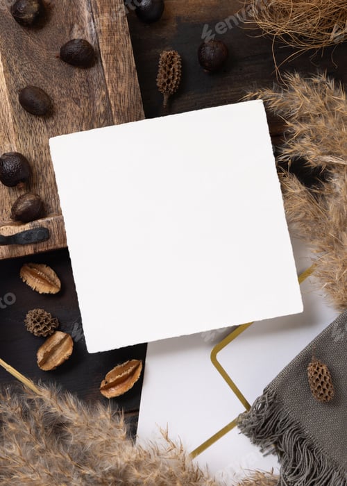 Preview: Square card on wooden tray near brown decor and pampas grass top view, boho mockup