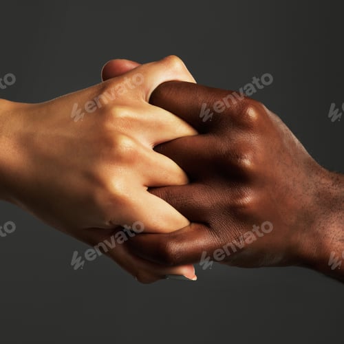 Preview: Studio shot of two unrecognizable people holding their hands together against a grey background