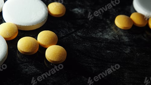 Preview: Medical pills on black background.