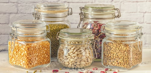 Preview: Glass jars with various legumes - beans, mung bean, peas and len