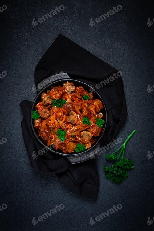 Preview: Bigos, bigus is a national Polish dish, made of cabbage and meat, stewed, homemade, no people,