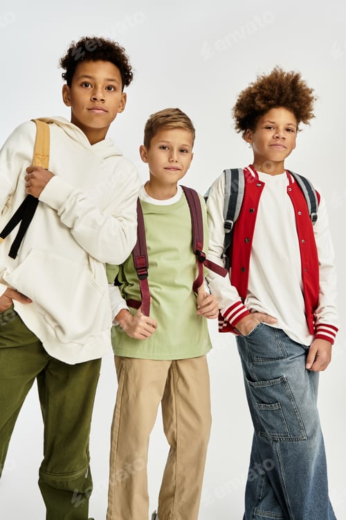 Preview: Three little boys showcasing vibrant styles while celebrating friendship in playful expression