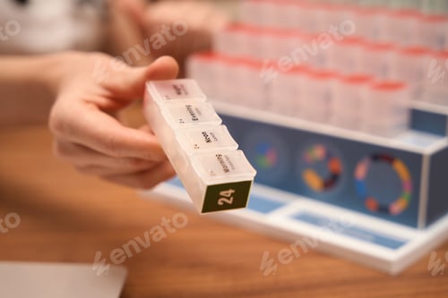 Preview: Medical practitioner holding multi-colored case for pills