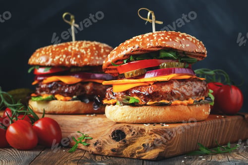 Preview: Two delicious homemade burgers of beef, cheese and vegetables on an old wooden table