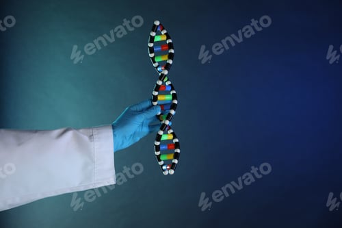 Preview: Scientist with DNA structure model on dark blue background, closeup