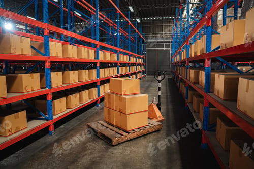 Preview: Interior warehouse storage and cardboard boxes against boxes on pallet.