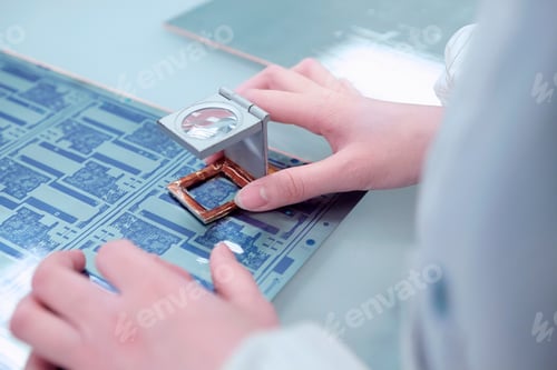 Preview: Hands of female worker inspecting flex circuit in flexible electronics factory