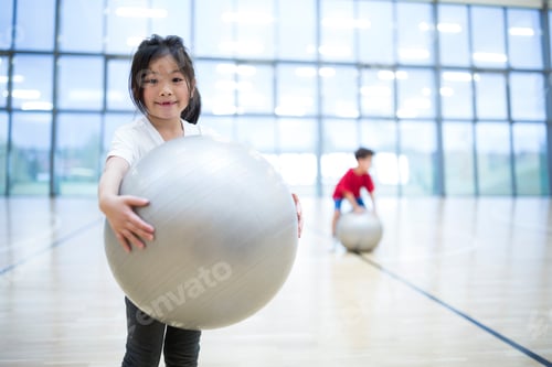 Preview: Portrait of smiling schoolgirl holding gym ball in gym class