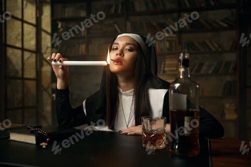 Preview: Immoral christian nun lighting cigarette from burning candle