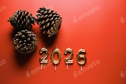 Visualização: Comemorando o Ano Novo com pinhas e velas de 2026 em um fundo vibrante