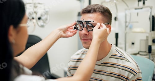 Preview: Optometrist, patient and assessment in clinic for eye exam, optometry and vision with phoropter. Sp