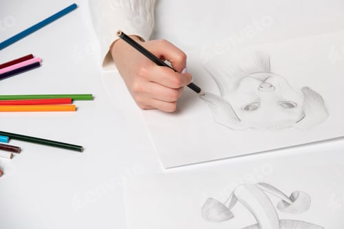 Preview: Drawing a young girl hand drawing a cute dog with black pencil on table full of colorful pencils