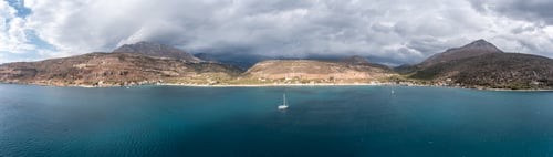 Preview: Greece, Peloponnese. Laconia , aerial panorama. Mani bay and coast under heavy cloud sky
