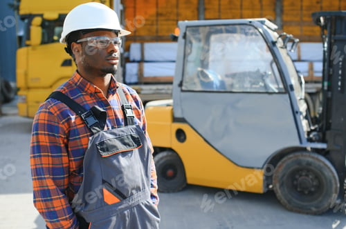 Preview: African American Man at work. Professional operation engineering. Young worker forklift driver