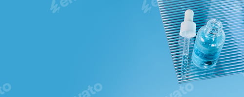 Preview: Dropper bottle with blue serum liquid on ribbed glass shelf, banner format
